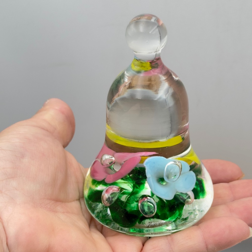 Joe St Clair Art Glass Bell Paperweight Floral Controlled Bubble Multicolor MCM
